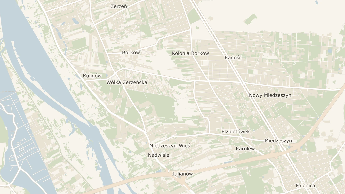 Mapa okolicy: inwestycja przy ul. Borowieckiej w Wawrze, na zachód Wisła i Wał Miedzeszyński, na wschód linia kolejowa przez Radość i Miedzeszyn