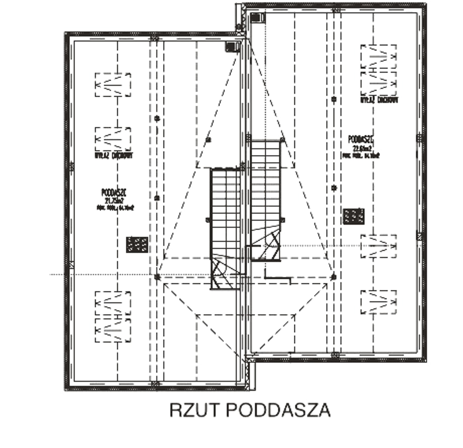 Rzut poddasza bliźniaka, oba segmenty w układzie lustrzanym: otwarta przestrzeń ze skosami i wyłazami dachowymi